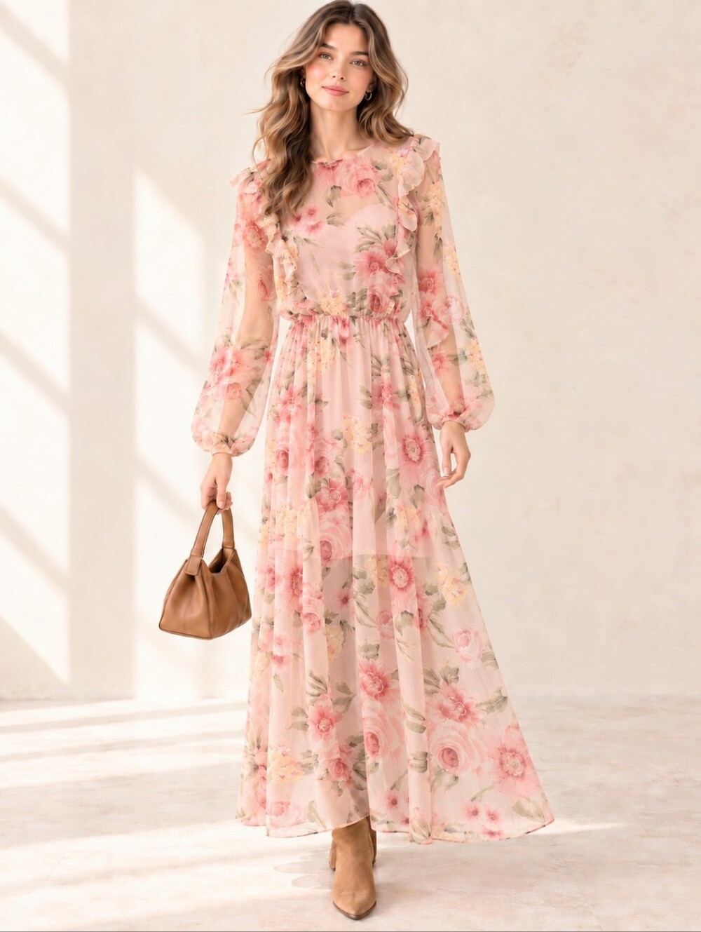 H&M Pink Floral Ruffle Maxi Dress Balloon Sleeve Tiered Cottagecore Size S